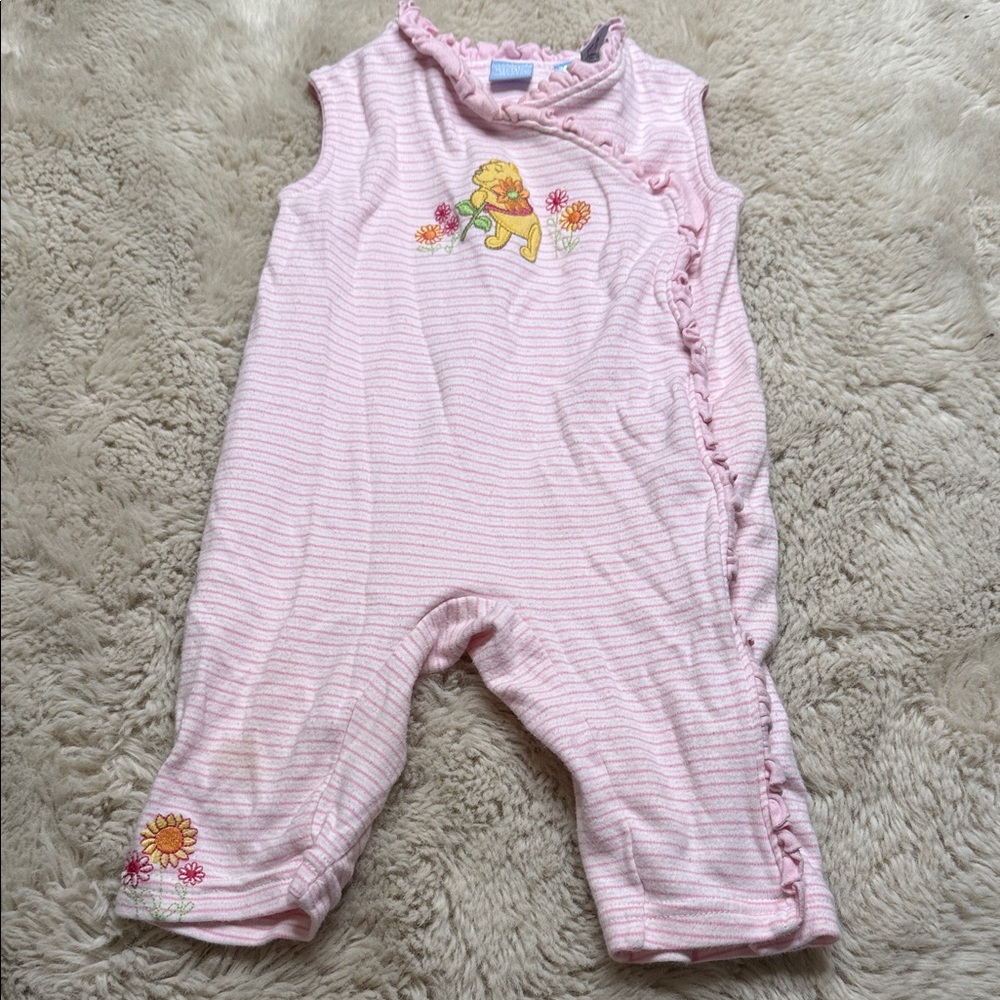 🎀3/6m Disney Winnie the Pooh Pink and White Striped Baby Romper snap up